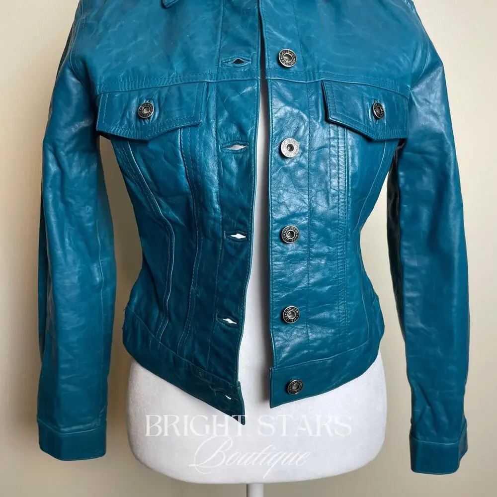 Rare Blue Teal Leather Jacket ASO Dawn Summers Buffy The Vampire Slayer Y2K